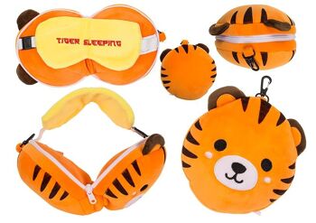 Coussin de voyage en peluche pour enfant avec masque oeil de tigre en textile marron (L/H/P) 14x15x9cm