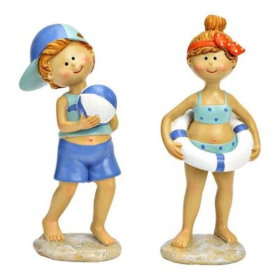 Ragazza, ragazzo con salvagente e pallone da spiaggia in poliestere blu, 2 volte, (L/A/P) 6x14x4 cm