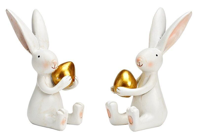 Hase mit goldenem Ei aus Poly weiß 2-fach, (B/H/T) 4x10x5cm
