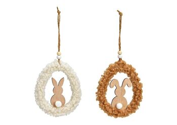 Oeuf suspendu, décor lapin, en bois, textile blanc, marron 2 fois, (L/H/P) 10x14x1cm