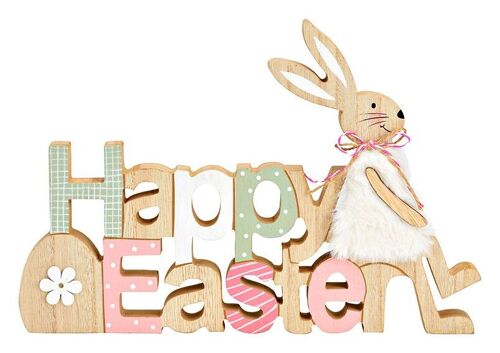 Aufsteller Schriftzug, Happy Easter, Hase Dekor, aus Holz bunt (B/H/T) 28x19x2cm