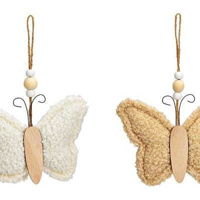 Mariposa colgante de textil beige, blanco 2 veces, (An/Al/Pr) 14x10x3cm