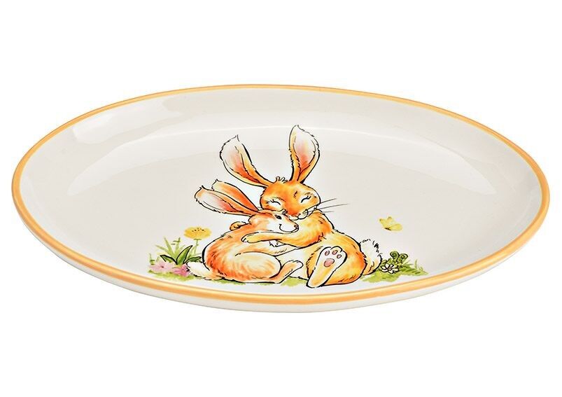 Piatto da portata decoro coniglio in ceramica albicocca, bianco (L/A/P) 29x3x19 cm