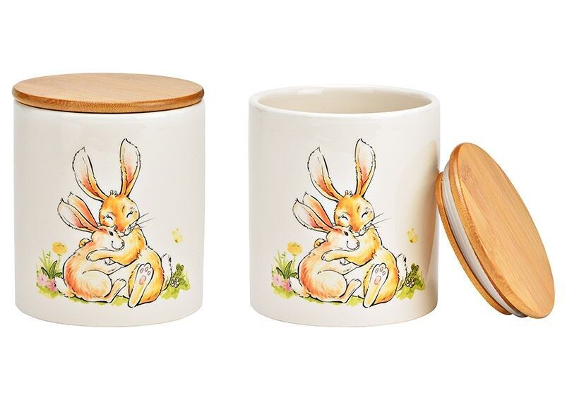 Barattolo con coperchio in bambù in ceramica albicocca, bianco (L/A/P) 10x12x10 cm