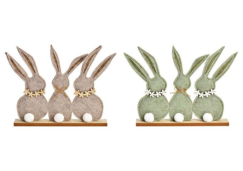 Gruppo di conigli in piedi su base in legno di feltro verde, beige, 2 volte, (L/A/P) 28x21x4 cm