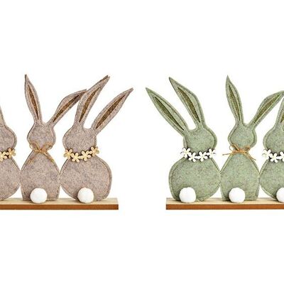 Grupo de conejos de pie sobre una base de madera de fieltro verde, beige, 2 pliegues, (An/Al/Pr) 28x21x4cm