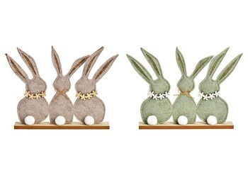 Groupe de lapins debout sur un socle en bois en feutre vert, beige, 2 plis, (L/H/P) 28x21x4cm
