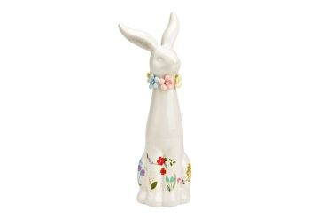 Lapin à décor floral coloré en porcelaine blanche (L/H/P) 11x30x8cm