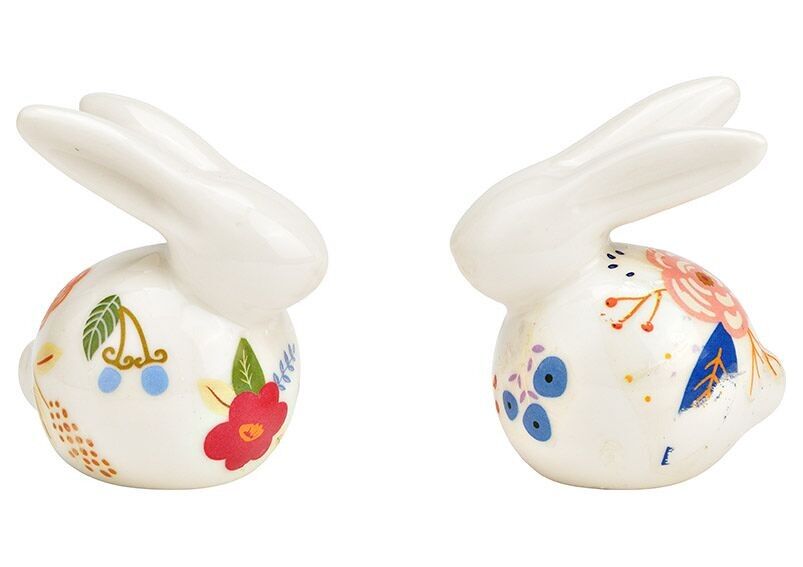 Coniglietto con decorazione floreale colorata in porcellana bianca, 2 volte, (L/A/P) 5x5x4 cm
