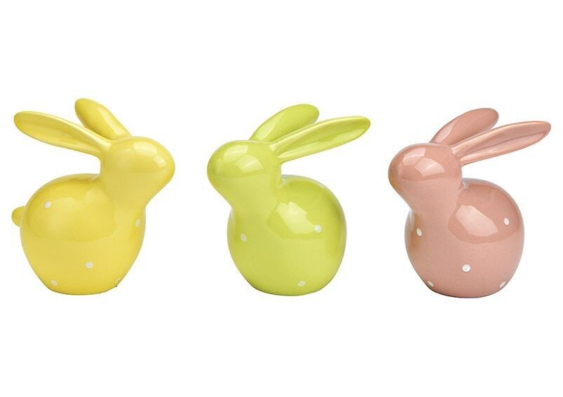 Coniglio con pois in ceramica giallo, verde, rosa 3 volte, (L/A/P) 12x12x7 cm