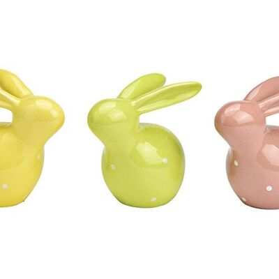 Coniglio con pois in ceramica giallo, verde, rosa 3 volte, (L/A/P) 12x12x7 cm