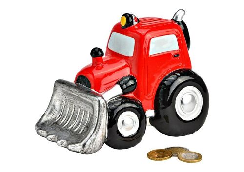 Spardose Traktor mit Schaufel aus Keramik rot (B/H/T) 16x12x11cm