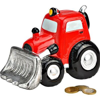 Hucha de tractor con pala de cerámica roja (An/Al/Pr) 16x12x11cm
