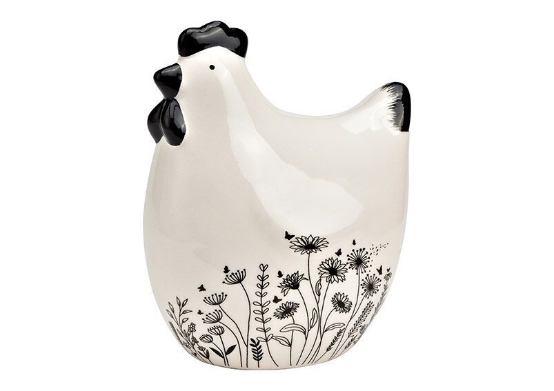 Decoro pollo con prati fioriti in ceramica nero, bianco (L/A/P) 10x13x7 cm
