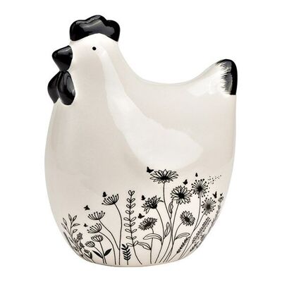Decoro pollo con prati fioriti in ceramica nero, bianco (L/A/P) 10x13x7 cm