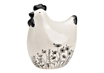 Poule avec décor de prairies fleuries en céramique noir, blanc (L/H/P) 10x13x7cm