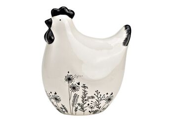 Poule avec décor de prairies fleuries en céramique noir, blanc (L/H/P) 13x16x9cm