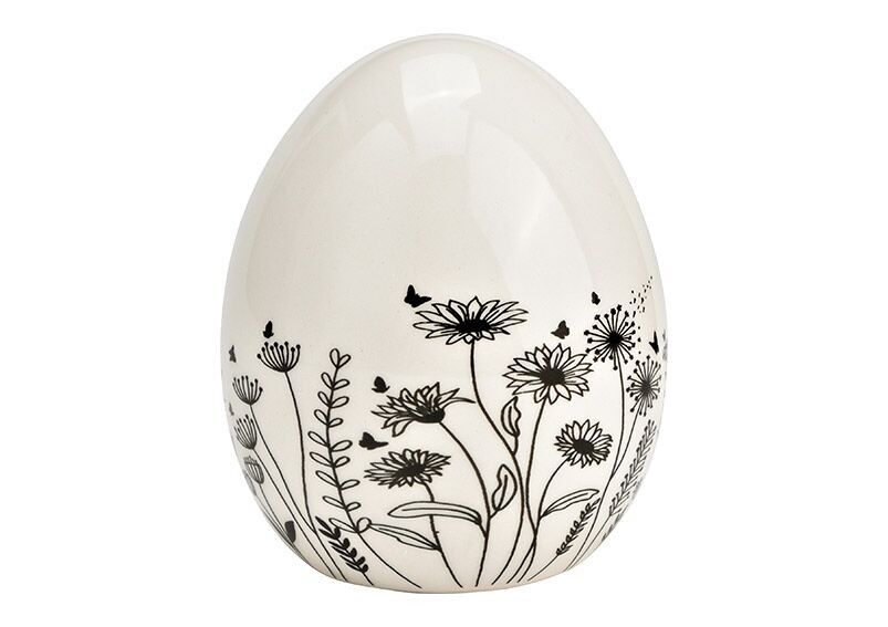 Uovo di Pasqua con fiori decoro prato in ceramica nero, bianco (L/A/P) 6x8x6 cm