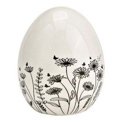 Uovo di Pasqua con fiori decoro prato in ceramica nero, bianco (L/A/P) 6x8x6 cm