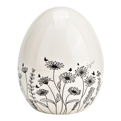 Uovo di Pasqua con decoro prato fiorito in ceramica nero, bianco (L/A/P) 10x12x10 cm