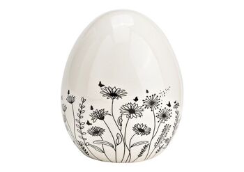 Oeuf de Pâques avec décor de prairie fleurie en céramique noir, blanc (L/H/P) 10x12x10cm