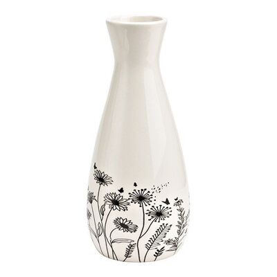 Jarrón con decoración de pradera de flores de cerámica negro, blanco (An/Al/Pr) 7x16x7cm solo para flores secas