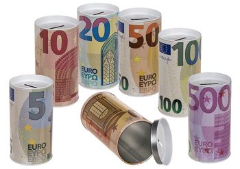 Tirelire billets en euros, couvercle amovible, en métal, colorée 6 compartiments, (L/H/P) 8x15x8cm