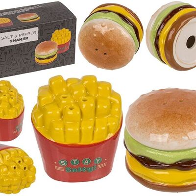 Salt/pepper shaker burger and fries, set of 2, made of ceramic, colored (W/H/D) 5x4x5cm