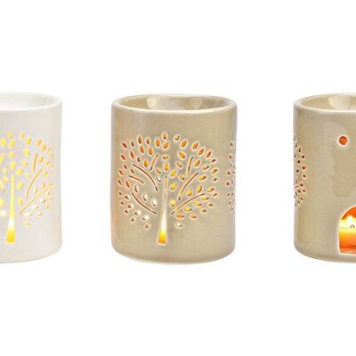 Lampe à parfum décor arbre en porcelaine blanche, 2 volets, (L/H/P) 9x13x9cm