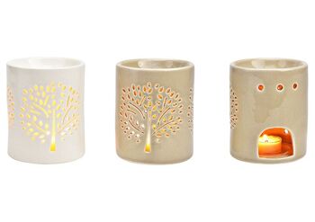 Lampe à parfum décor arbre en porcelaine blanche, 2 volets, (L/H/P) 9x13x9cm
