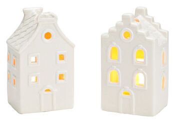 Maison lanterne en porcelaine blanche, 2 volets, (L/H/P) 6x11x5cm