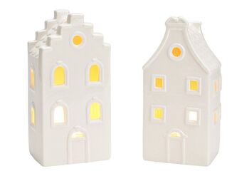 Maison lanterne en porcelaine blanche, 2 volets, (L/H/P) 8x17x7cm