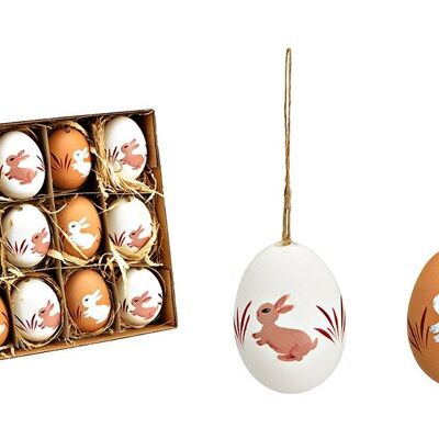 Juego de 12 huevos de Pascua de decoración de conejitos de 4x6x4 cm, de material natural blanco, rojo (ancho/alto/prof.) 19x5x19cm
