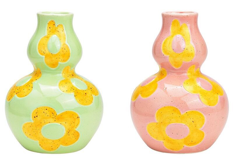 Jarrón con decoración floral de cerámica verde, rosa 2 veces, (An/Al/Pr) 15x21x15cm