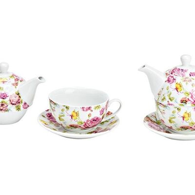 Teekanne mit Tasse, Rosendekor aus Porzellan pink/rosa (B/H/T) 17x15x15cm 400/200ml