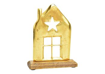 Support de maison sur socle en bois de manguier en métal argenté (L/H/P) 15x19x5cm