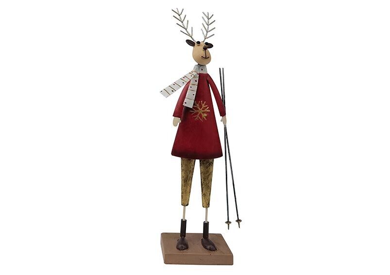 Aufsteller Elch mit Skier aus Metall rot (B/H/T) 14x36x6cm