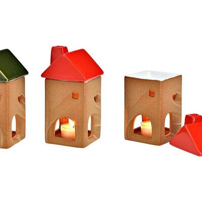 Duftlampe, Windlicht Haus aus Keramik grün, rot 2-fach, (B/H/T) 8x15x8cm