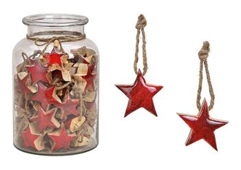 Étoile suspendue en bois de manguier, 60 pièces. dans un verre, rouge (L/H/P) 5x5x3cm/16x26x16cm
