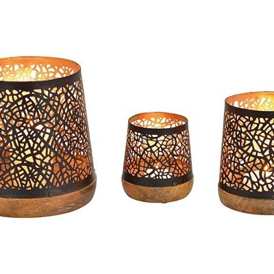 Windlicht Set aus Metall auf Mangoholz Sockel Schwarz, gold 3er Set, (B/H/T) 17x19x17cm 12x14x12cm 10x11x10cm