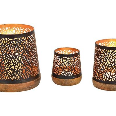 Lantern set made of metal on mango wood base black, gold set of 3, (W/H/D) 17x19x17cm 12x14x12cm 10x11x10cm
