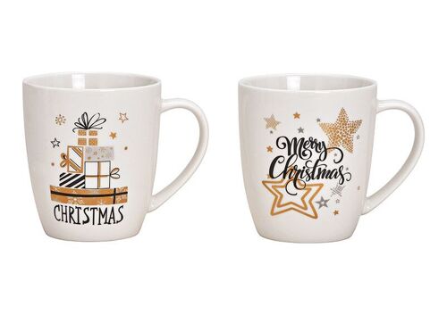 Becher Weihnachtsm. Merry Christmas a.Porzellan Weiß, gold 2-fach, (B/H/T) 12x10x9cm 300ml
