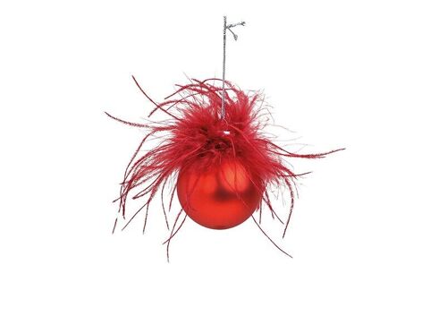 Weihnachtskugel mit Federn aus Glas, Rot Ø6cm