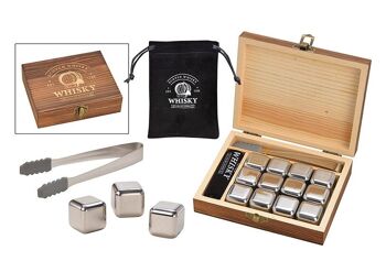 Set de 12 glaçons à whisky en acier inoxydable 2,7 cm, 12 cubes, pinces + sac en velours inclus, dans une boîte en bois