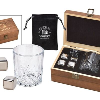 Set di cubetti di ghiaccio per whisky in acciaio inossidabile, 2,7 cm, 4 cubetti, 1 bicchiere 9x8x9 cm, 300 ml, borsa di velluto inclusa, in una scatola di legno 19x10x14,7 cm