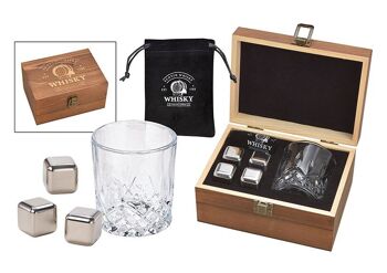 Ensemble de glaçons à whisky en acier inoxydable, 2,7 cm, 4 cubes, 1 verre 9x8x9 cm, 300 ml, y compris un sac en velours, dans une boîte en bois 19x10x14,7 cm