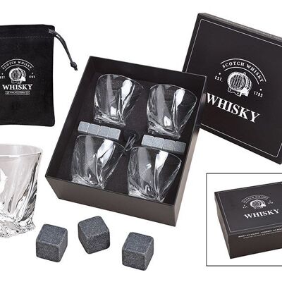 Ensemble de pierre à whisky, glaçons en pierre de basalte, 2cm, 8 cubes avec 4 verres 9x8x9cm 300ml, 26.6x11.5x23.6cm