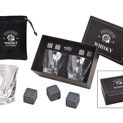 Set di pietre da whisky, cubetti di ghiaccio in pietra di basalto, 2 cm, 4 cubetti con 2 bicchieri, 9x8x9 cm, 300 ml, 23,6x11,5x15,8 cm