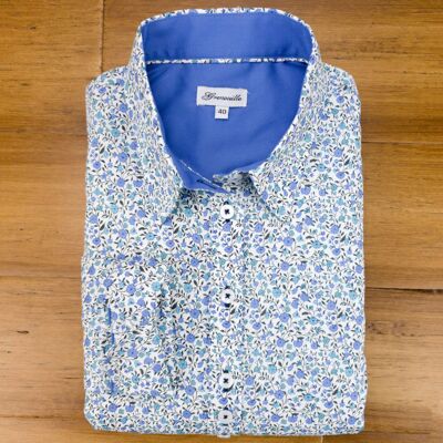 Grenouille – Langärmliges, mehrfarbiges Hemd im Vintage-Stil mit Blumenmuster in Blau