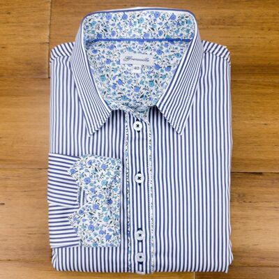 Grenouille camisa de manga larga a rayas azul marino con detalles florales
